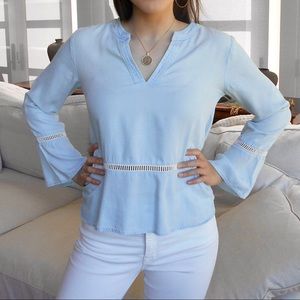 Light Blue Flared Blouse w/ White Embroidery